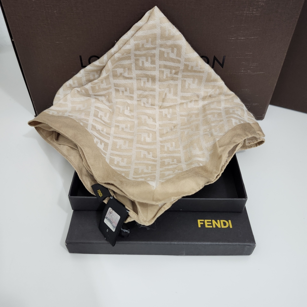 Fendi Monogram Beige and Cream Handkercief Scarf PREOWNED VINTAGE